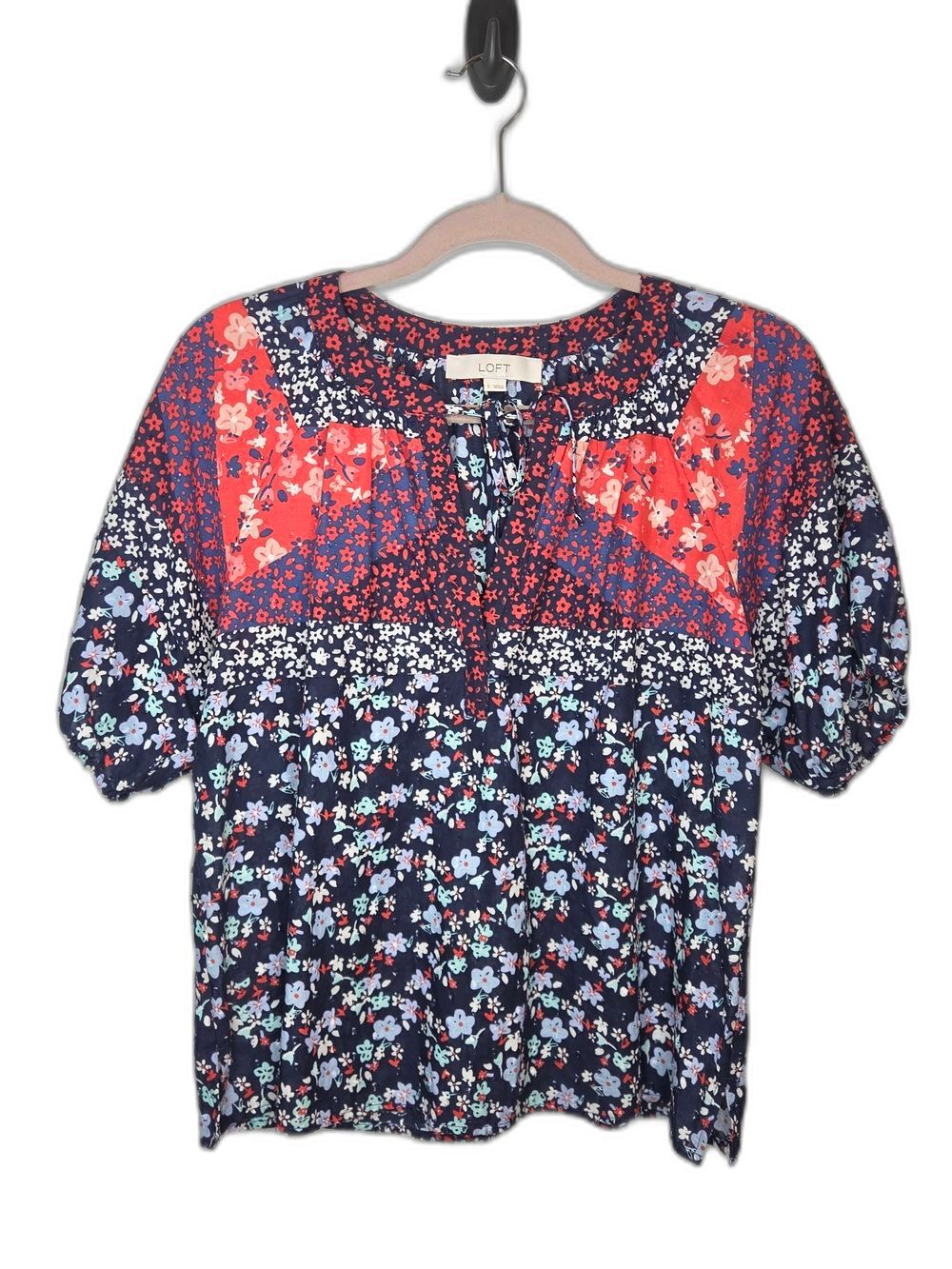 LOFT Navy and Red Floral Patchwork Peasant Top